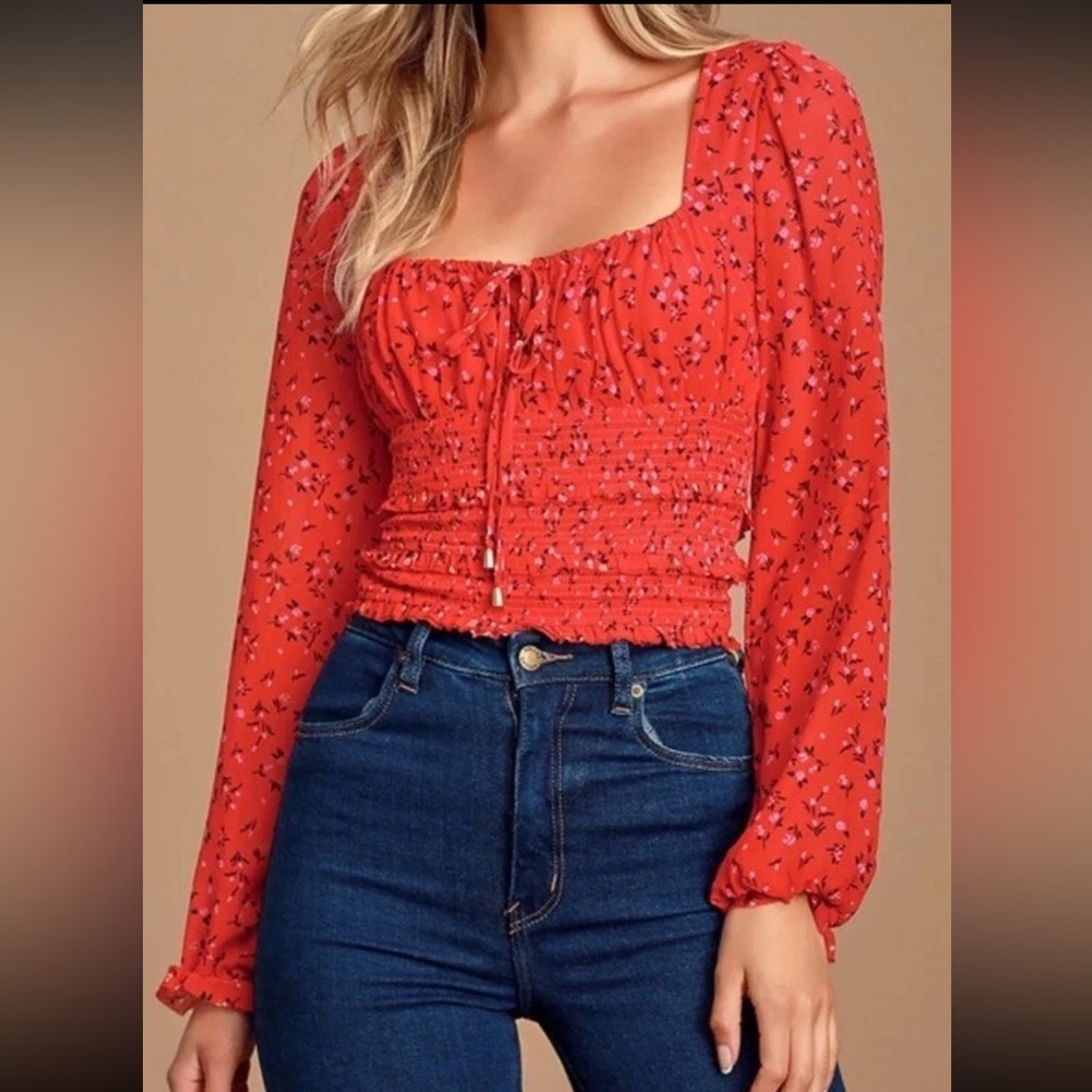 Free People Lolita Long Sleeve Red Floral Top Size Small